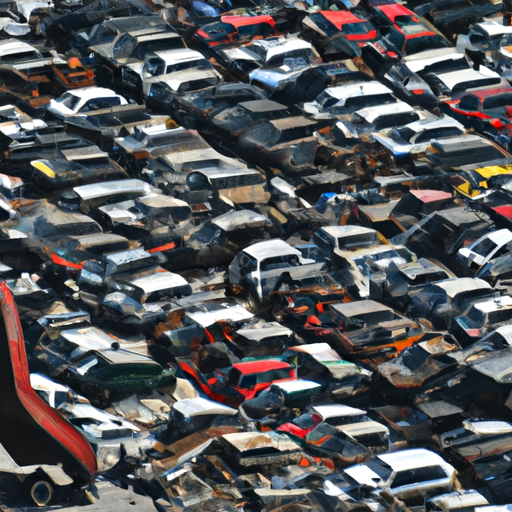 מבט ממעוף הציפור של חצר פירוק רכבים בחיפה, המציג את ריבוי כלי הרכב בעיבוד.